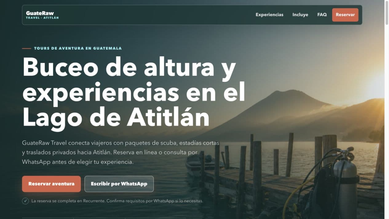 GuateRaw Travel landing page presenting Lake Atitlán diving experiences