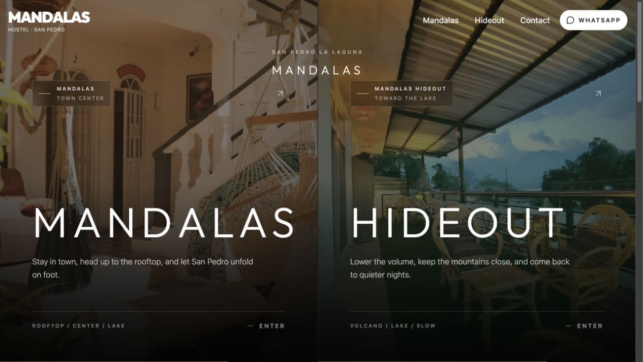 Mandalas Hostal website introducing its two Lake Atitlán properties