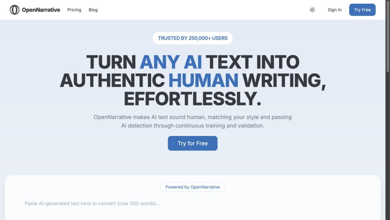 Open Narrative homepage with its AI writing editor and primary call to action